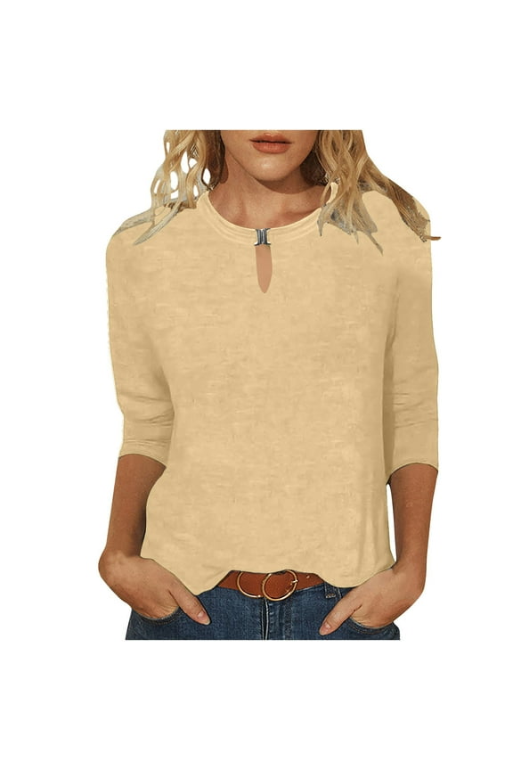 Women 3/4 Sleeves Casual Shirts Pullover Loose Tunic Tops Blouse 2025 Hot Blouses&Shirts Khaki XXL