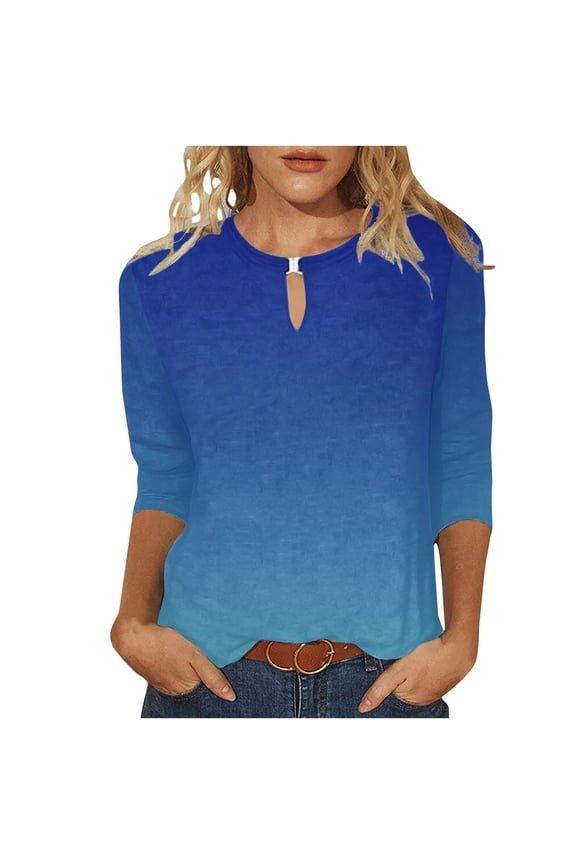 Women 3/4Sleeves Casual Shirts Pullover Loose Tunic Tops Blouse 2025 Hot Blouses&Shirts Blue XL