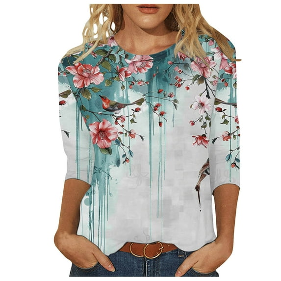 MIUOWANP Women 3/4Sleeves Casual Shirts Pullover Loose Tunic Tops Print Blouse 2024 Hot Sale Blouses&Shirts Clearance Deals Green XL