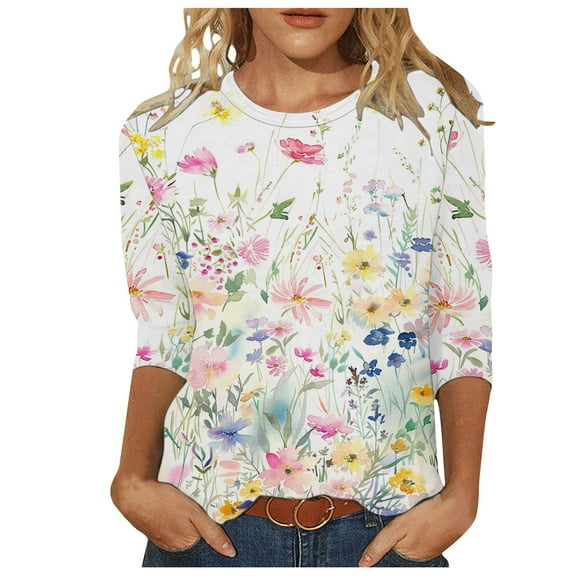 MaFYtyTPR Women 3/4Sleeves Casual Shirts Pullover Loose Tunic Tops Print Blouse 2024 Hot Blouses&Shirts Multicolor L