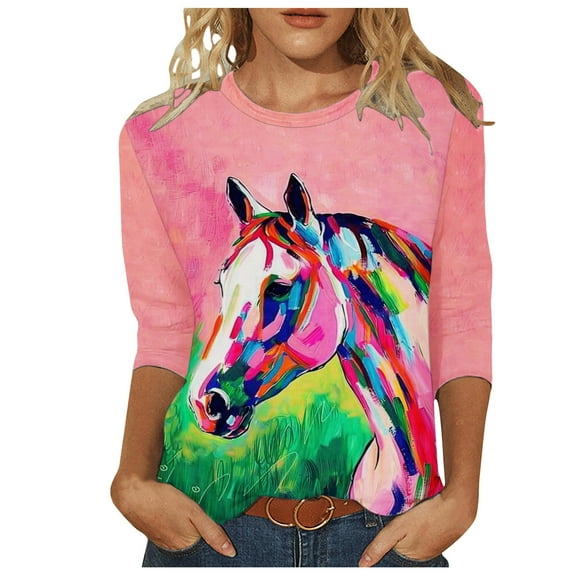 MaFYtyTPR Women 3/4Sleeves Casual Shirts Pullover Loose Tunic Tops Print Blouse 2024 Hot Blouses&Shirts Pink XXL