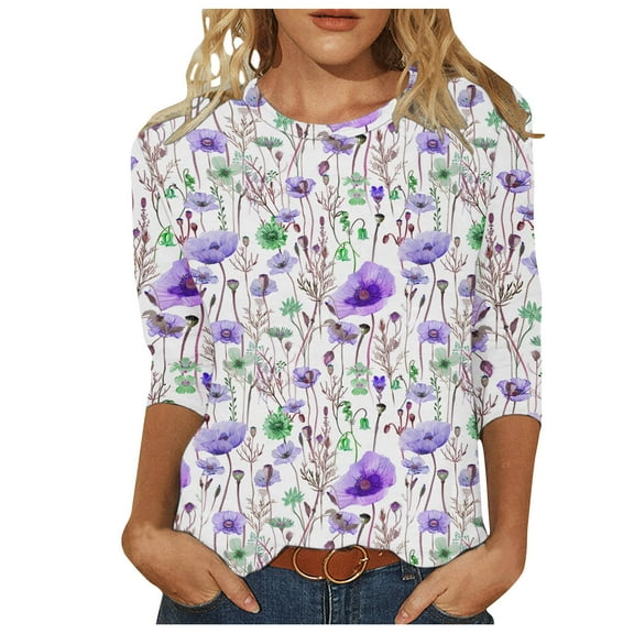MaFYtyTPR Women 3/4Sleeves Casual Shirts Pullover Loose Tunic Tops Print Blouse 2024 Hot Blouses&Shirts Purple XXL