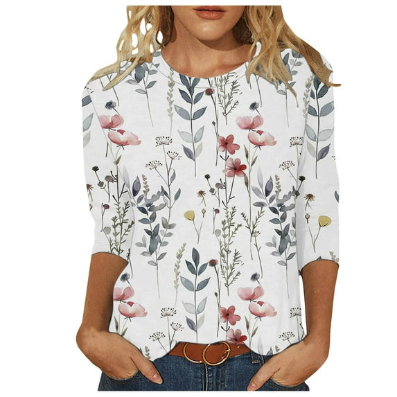 MaFYtyTPR Women 3/4Sleeves Casual Shirts Pullover Loose Tunic Tops Print Blouse 2024 Hot Blouses&Shirts White L