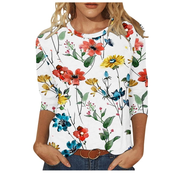MaFYtyTPR Women 3/4 Sleeves Casual Shirts Pullover Loose Tunic Tops Print Blouse 2026 Blouses Purple XXXL