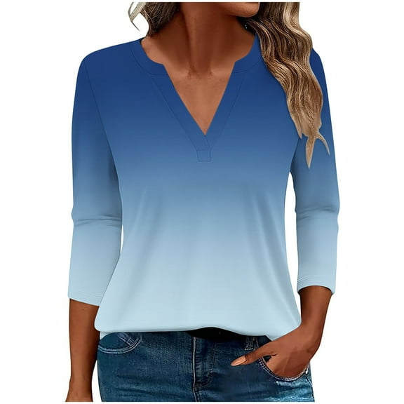 MIUOWANP Women Casual 3/4 Sleeves Top Fashion Gradient Color V-Neck 3/4 Sleeve Casual Comfy Loose Tops Navy M