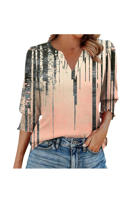 Women Casual Loose Top Fashion Printing 3/4 sleeve Elastic Cuff V-neck Comfy Bloues 1-Orange M