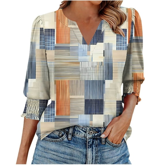 MIUOWANP Women Casual Loose Top Fashion Printing 3/4 sleeve Elastic Cuff V-neck Comfy Bloues Khaki M