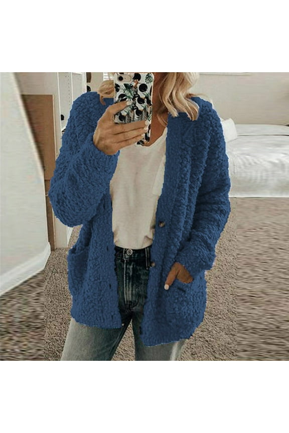 Women Casual Plus Size Plush Sweater Pockets Outerwear Buttons Cardigan Coat