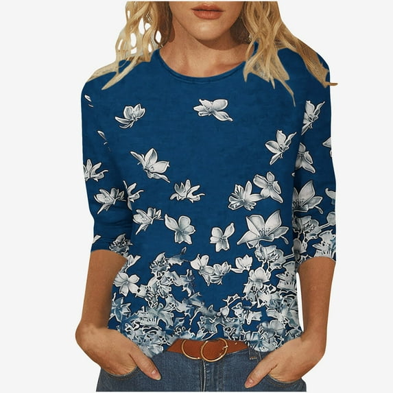 MaFYtyTPR Women Fashion Printed T-shirt 3/4 Sleeves Blouse Round Neck Casual Tops New Edition Top Shirt Navy L