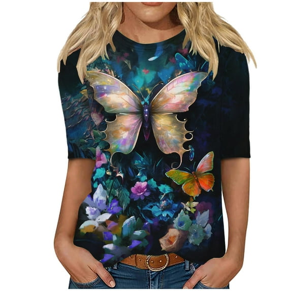 MaFYtyTPR Women Half Sleeves Casual Shirts Pullover Loose Tunic Tops Print Blouse 2024 Hot Blouses&Shirts Black S