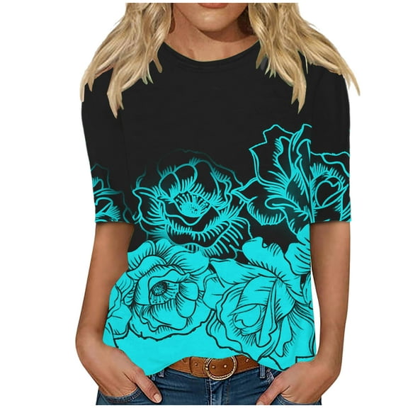 MIUOWANP Women Half Sleeves Casual Tops Fashion Loose Print Blouse Comfy and Breathable Pullover Top 1-Black XXL