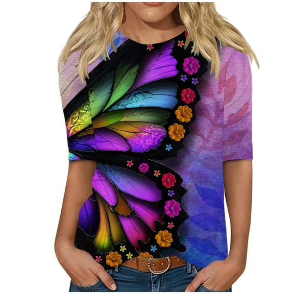 MIUOWANP Women Half Sleeves Casual Tops Fashion Loose Print Blouse Comfy and Breathable Pullover Top 1-Purple XXL