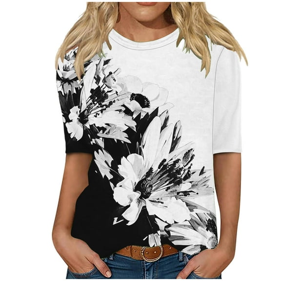 MIUOWANP Women Half Sleeves Casual Tops Fashion Loose Print Blouse Comfy and Breathable Pullover Top Black S