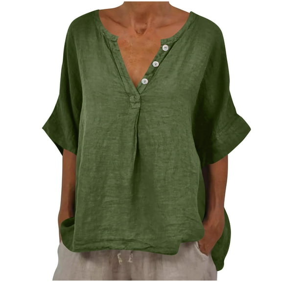 MIUOWANP Women Summer Casual Cotton Linen Tops Women's Shirt Solid Color Five Quarter Sleeved Top Casual Button V-neck T-shirt Army Green XXL
