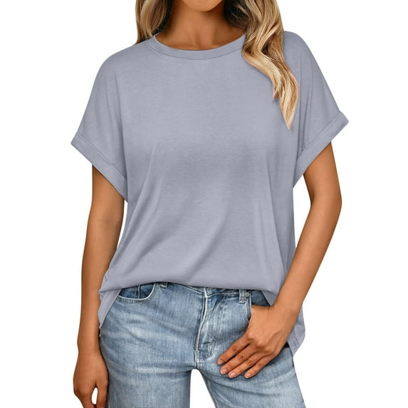 MIUOWANP Women Summer Short Sleeve Shirts Women's Solid Color Casual Bate Sleeve Round Neck Short Sleeved Top Gray XL