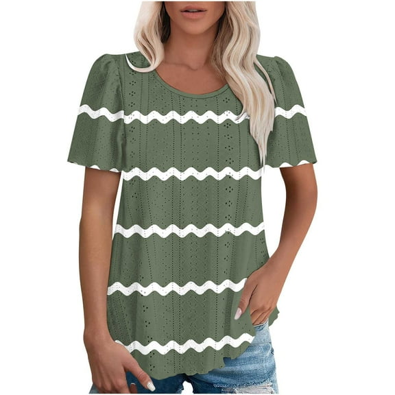 MIUOWANP Women Summer Short Sleeve Shirts Women's Spring/Summer Striped Round Neck Sleeve Short Sleeve Top T-shirt Army Green S
