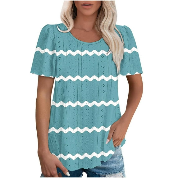 MIUOWANP Women Summer Short Sleeve Shirts Women's Spring/Summer Striped Round Neck Sleeve Short Sleeve Top T-shirt Sky Blue XL