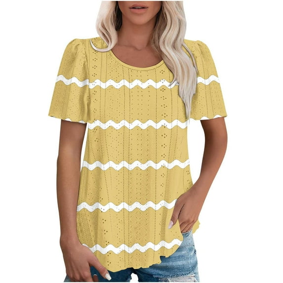 MIUOWANP Women Summer Short Sleeve Shirts Women's Spring/Summer Striped Round Neck Sleeve Short Sleeve Top T-shirt Yellow M