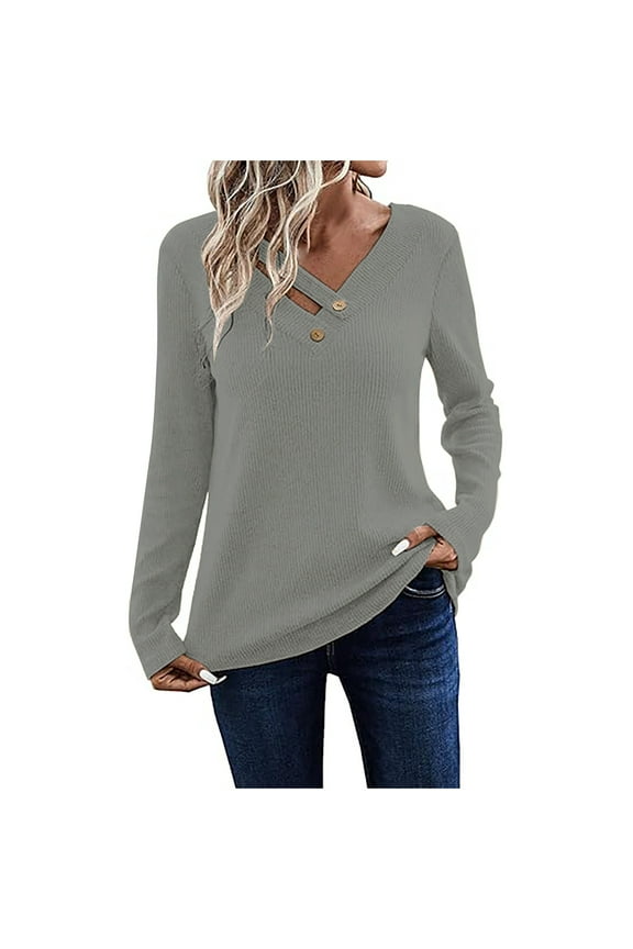 Women V-neck Blouse Women's New Knitted Shirt Long Sleeved Shirt Top Lightweight V-neck Waistband Gray S