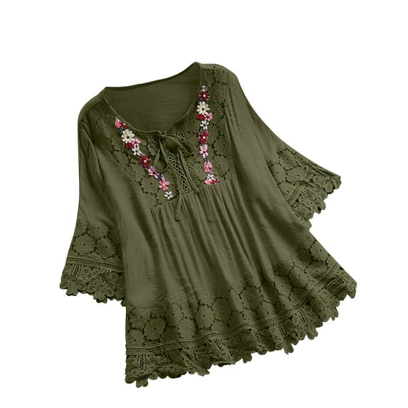 MaFYtyTPR Women Vintage Lace Patchwork Bow V-Neck Three Quarter Blouses T-Shirt 2024 Popular New Tops Army Green XXXXL