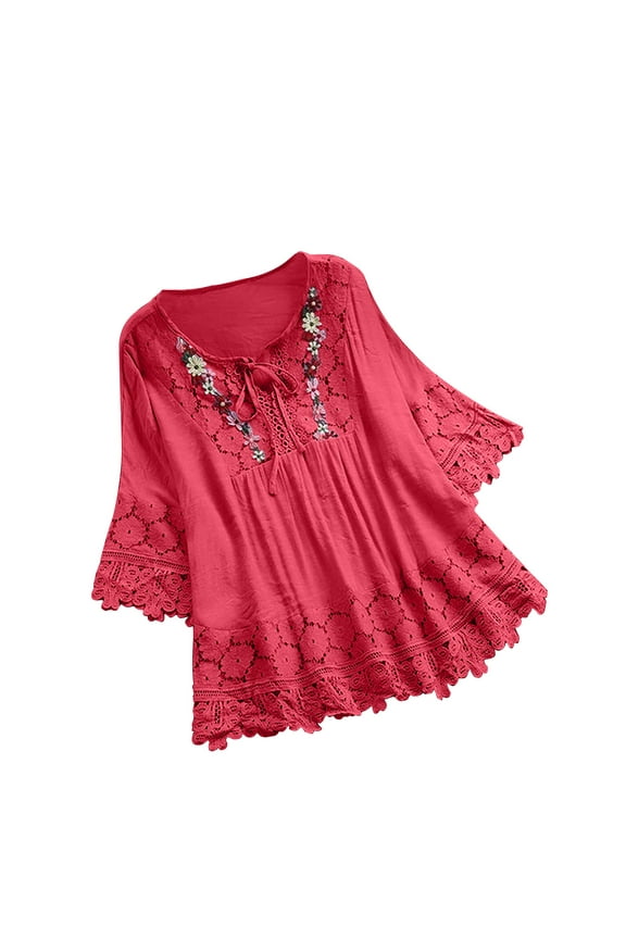 Women Vintage Lace Patchwork Bow V-Neck Three Quarter Blouses T-Shirt 2024 Popular New Tops Watermel Red M