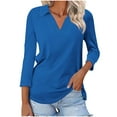 thumbnail image 1 of MIUOWANP Women's 3/4 Sleeve Tops Classic Solid Color Easy to Mix and Match Lapel V-Neck Business Casual Blouse Size XXL(12)Dark Blue, 1 of 4
