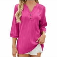 thumbnail image 1 of MIUOWANP Women's 3/4 Sleeve Tops Solid Color V-Neck Loose Button-Down Shirt Size XL(10)Pink, 1 of 8