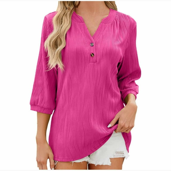 MIUOWANP Women's 3/4 Sleeve Tops Solid Color V-Neck Loose Button-Down Shirt Size XL(10)Pink