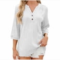 thumbnail image 1 of MIUOWANP Women's 3/4 Sleeve Tops Solid Color V-Neck Loose Button-Down Shirt Size XL(10)White, 1 of 8