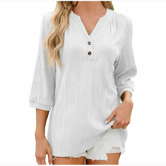 MIUOWANP Women's 3/4 Sleeve Tops Solid Color V-Neck Loose Button-Down Shirt Size XL(10)White