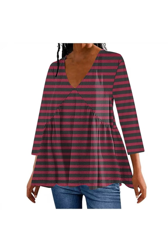 Women's Aesthetic Long Sleeve Tops Pleated Layered Loose V-Neck Horizontal Stripe Print Blouse Size S(4)Brown