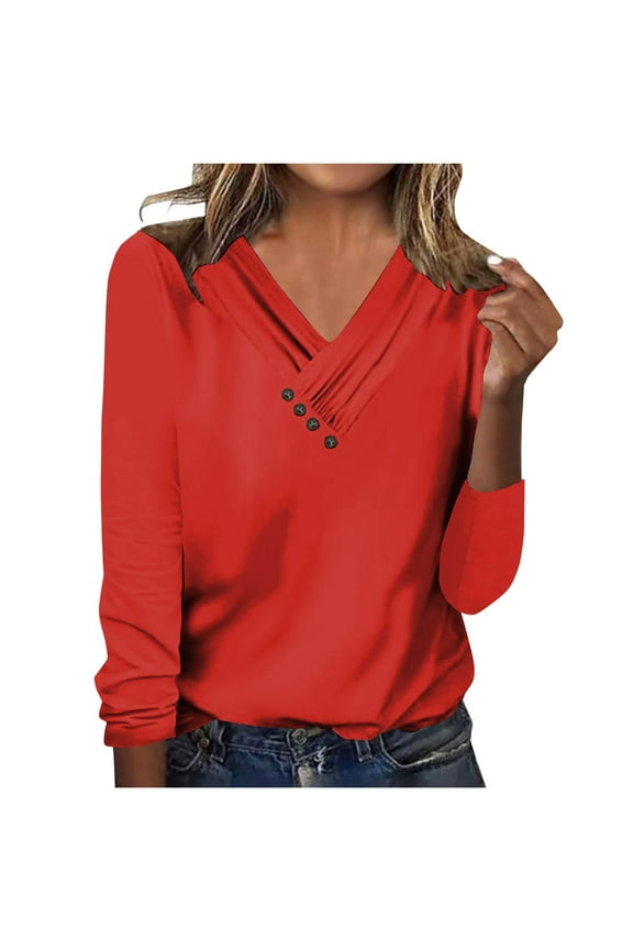 Women's Aesthetic Long Sleeve Tops Solid Color Fake Button V-neck T-shirt Fashionable Loose Pleated Collar Pullover Size XXL(12)Red