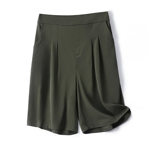 MIUOWANP Women's Bermuda Shorts Solid Color Casual Pockets Elastic High Waisted Wide Leg A-Line Shorts SizeL(8)Green