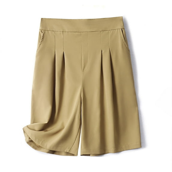 MIUOWANP Women's Bermuda Shorts Solid Color Casual Pockets Elastic High Waisted Wide Leg A-Line Shorts SizeXXL(12)Khaki