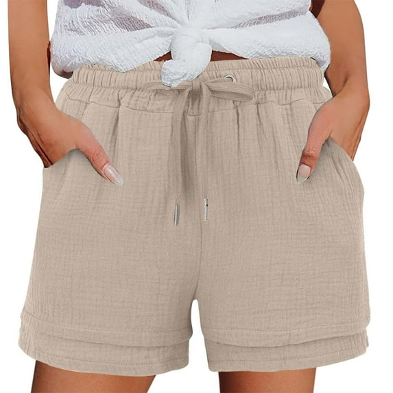 MIUOWANP Women's Bermuda Shorts Solid Color Casual Pockets Elastic-Waisted Linen Cotton Shorts with High Waist Size XXL(12)Green