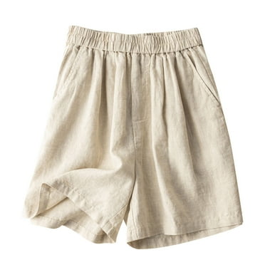 MIUOWANP Women's Bermuda Shorts Solid Color Casual Pockets Elastic-Waisted Linen Cotton Shorts with High Waist Size XXXL(14)Beige