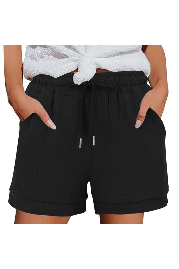 Women's Bermuda Shorts Solid Color Casual Pockets Elastic-Waisted Linen Cotton Shorts with High Waist Size XXXL(14)Beige