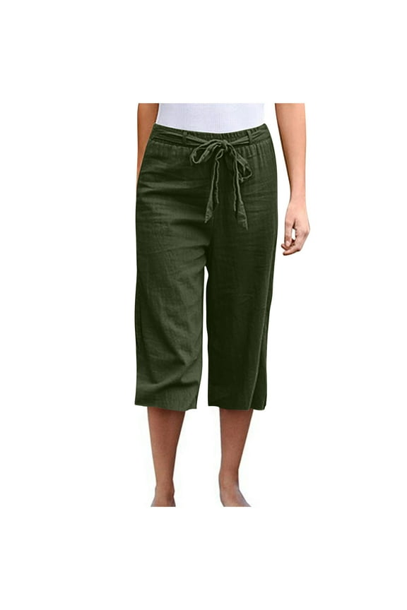 MaFYtyTPR Women's Capri Pants for Summer Casual Solid Color Cropped Trousers Bandage Pockets Elastic Waist Comfortable Straight Pants Dark Green M