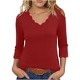 thumbnail image 1 of MIUOWANP Women's Casual 3/4 Sleeve Tops Summer Solid Color Temperament V-neck Loose Comfy Pullover Top Wine XL, 1 of 5