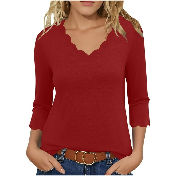 MIUOWANP Women's Casual 3/4 Sleeve Tops Summer Solid Color Temperament V-neck Loose Comfy Pullover Top Wine XXL