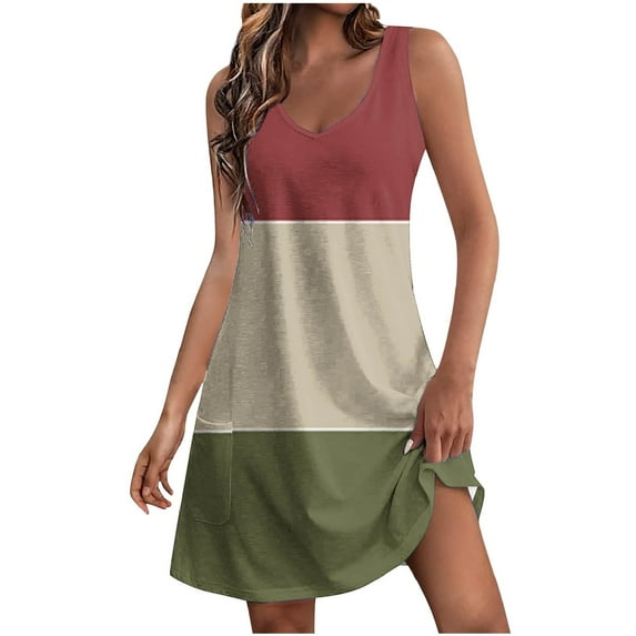 MIUOWANP Women's Casual Dresses Short Sleeve V-neck Dress with Pockets Color Blocking Sexy Loose Long Skirt Size XL(10)Red