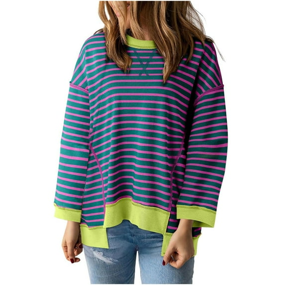 MaFYtyTPR Women's Casual Fashion Color Contrast Round Neck Striped Long Sleeve Top Loose and Breathable Top Shirt Purple M