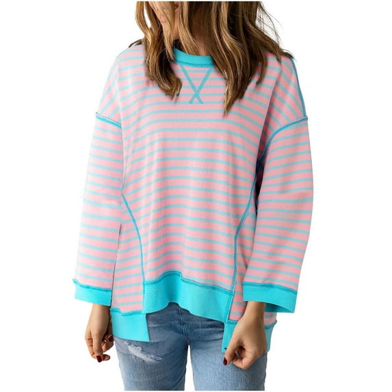 MaFYtyTPR Women's Casual Fashion Color Contrast Round Neck Striped Long Sleeve Top Loose and Breathable Top Shirt Sky Blue L