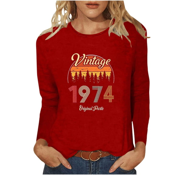 MaFYtyTPR Women's Casual Fashion Full Year Birthday Printed Round Neck Long Sleeved Tops/shirt Easy to Mix and Match Blouses Red XL