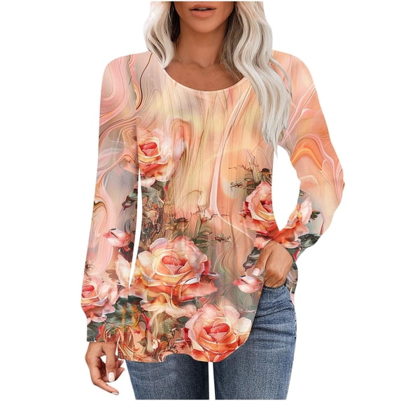 MIUOWANP Women's Casual Fashion Loose Pleated Crew-Neck Printed Long-Sleeved Tops 2024 Popular New Tops on Sale Orange L