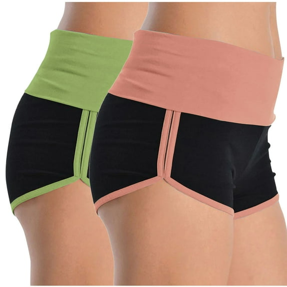 MIUOWANP Women's Casual High Waisted 2-Pack Color Blocked Yoga & Beach Shorts Lightweight Breathable Active Shorts(Army Green+Pink)