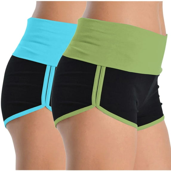 MIUOWANP Women's Casual High Waisted 2-Pack Color Blocked Yoga & Beach Shorts Lightweight Breathable Active Shorts（Blue+Army Green）