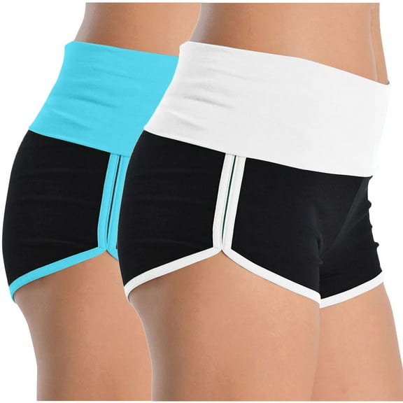 MIUOWANP Women's Casual High Waisted 2-Pack Color Blocked Yoga & Beach Shorts Lightweight Breathable Active Shorts（Blue+White）