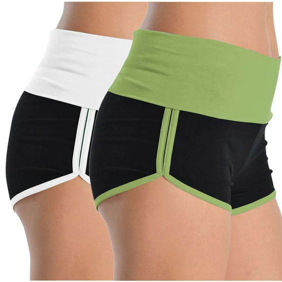 MIUOWANP Women's Casual High Waisted 2-Pack Color Blocked Yoga & Beach Shorts Lightweight Breathable Active Shorts（White+Army Green）