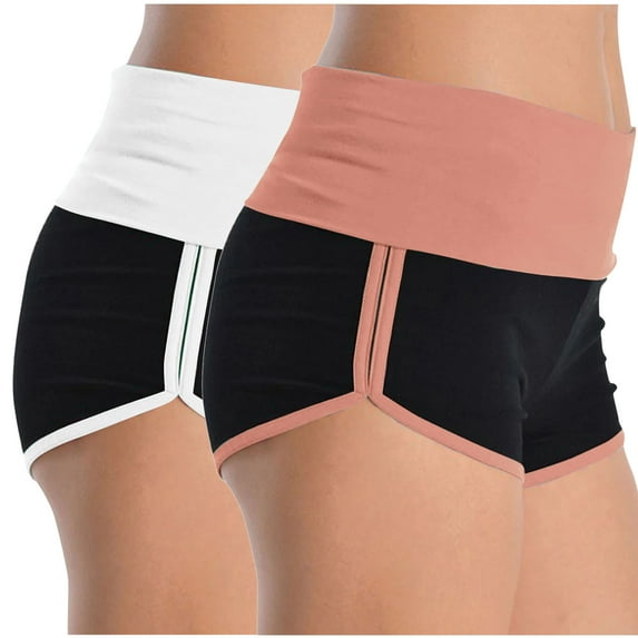 MIUOWANP Women's Casual High Waisted 2-Pack Color Blocked Yoga & Beach Shorts Lightweight Breathable Active Shorts（White+Pink）